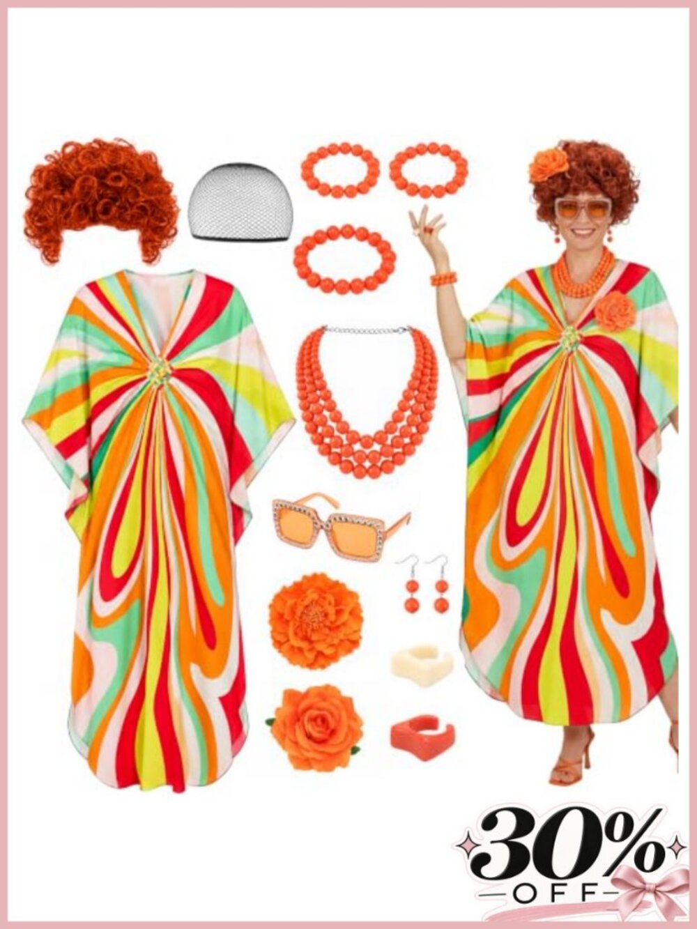 70s Retro Landlady Costume Caftan Dress Wig Jewelry Sunglasses Set